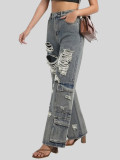 Women Ripped Cargo Denim Wide Leg Long Pants