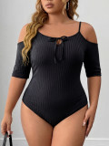 Plus Size Women Ribbed Elastic Tight Fitting Strap Off Shoulder Bodysuit
