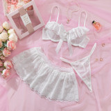 Women Sexy Lace Lace Trim Underwire Hollow Out Three Piece Set