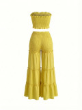 Women Strapless Ruffled Top Wide Leg Pants Casual Two-Piece Set
