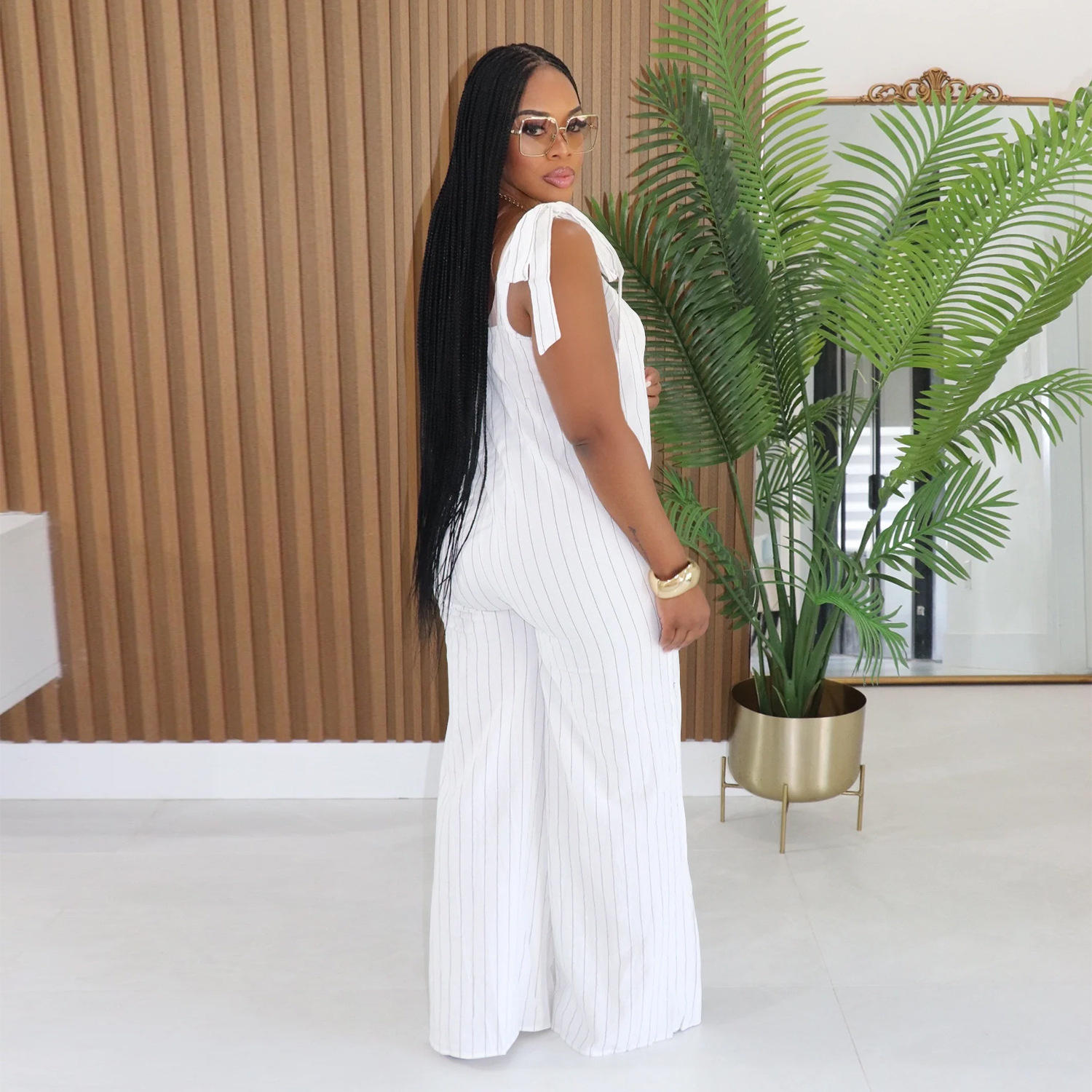 Striped Strap Wide Leg Jumpsuit for Casual Wear