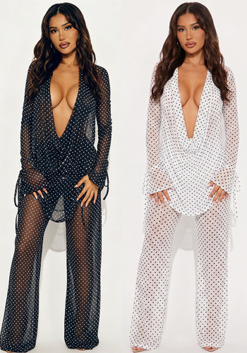 Women Mesh See-Through Polka Dot Print Long Sleeve Top and Long Pants Two Piece Set