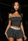 Women Color Block Polka Dot Print Lace-Up Off Shoulder Top and Shorts Two Piece Set
