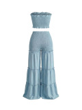 Women Strapless Ruffled Top Wide Leg Pants Casual Two-Piece Set