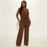 Spring Summer Women Mesh Deep V-Neck Top High Waist Bell Bottom Pants Two-Piece Set