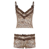 Women Sexy Leopard Print Bow Color Block Lace Patchwork Camisole Top and Shorts Two Piece Set
