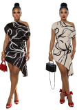 Women Summer Slash Shoulder Short Sleeve Irregular Print Casual Dress