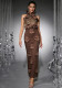 Women Bandage Halter Neck See-Through Mesh Sequin Flower Bodycon Slit Maxi Dress