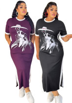 Women Summer Round Neck Short Sleeve Print Casual Maxi Dress