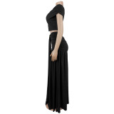 Women Sexy Slash Shoulder Crop Top & Midi Skirt Two-Piece Set