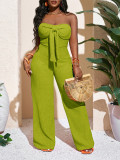 Holidays Women Bow Strapless Textured Wide Leg Jumpsuit