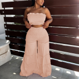 Women Strapless Ruffled Top Wide Leg Pants Casual Two-Piece Set