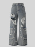 Women Ripped Cargo Denim Wide Leg Long Pants