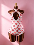Women Lip Print Halter Neck Deep V Low Back Tight Fitting Club Romper