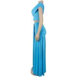 Women Sexy Slash Shoulder Crop Top & Midi Skirt Two-Piece Set