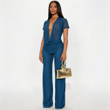Spring Summer Women Mesh Deep V-Neck Top High Waist Bell Bottom Pants Two-Piece Set