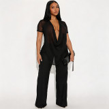 Spring Summer Women Mesh Deep V-Neck Top High Waist Bell Bottom Pants Two-Piece Set