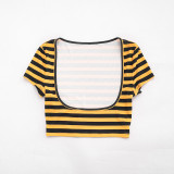 Women Sexy Striped Printed Halter Neck Crop Top Shorts Three-Piece Set