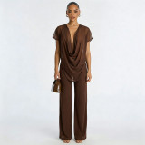 Spring Summer Women Mesh Deep V-Neck Top High Waist Bell Bottom Pants Two-Piece Set