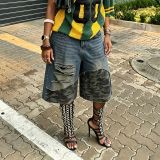 Street Fake Two-Piece Camouflage Patchwork Ripped Seven-Point Denim Shorts