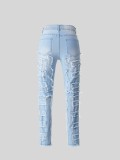 Women Light Blue Patch Stretchy Denim Long Pants