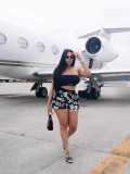 Women Letter Print Strapless + Floral Print Shorts Sexy Casual Two Piece Set