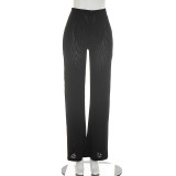 Spring Summer Women Mesh Deep V-Neck Top High Waist Bell Bottom Pants Two-Piece Set