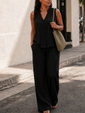 Women Solid Sleeveless V-Neck Vest Drawstring Pocket Wide Leg Pants Casual Two-Piece Set