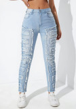 Women Light Blue Patch Stretchy Denim Long Pants