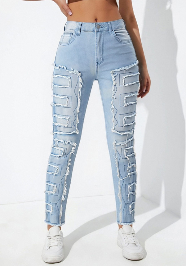 Women Light Blue Patch Stretchy Denim Long Pants