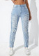Women Light Blue Patch Stretchy Denim Long Pants