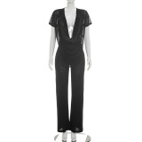 Spring Summer Women Mesh Deep V-Neck Top High Waist Bell Bottom Pants Two-Piece Set