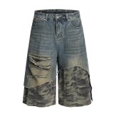 Street Fake Two-Piece Camouflage Patchwork Ripped Seven-Point Denim Shorts