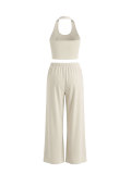 Women Halter Neck Slim Vest Drawstring Wide Leg Pants Casual Tracksuit