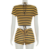 Women Sexy Striped Printed Halter Neck Crop Top Shorts Three-Piece Set