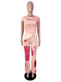 Women Sexy Short Sleeve Hollow Out Asymmetrical Mesh Two-Piece Pants Set