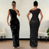 Women Chic Mesh Slash Shoulder Bodycon Dress