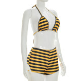 Women Sexy Striped Printed Halter Neck Crop Top Shorts Three-Piece Set