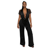 Spring Summer Women Mesh Deep V-Neck Top High Waist Bell Bottom Pants Two-Piece Set