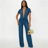 Spring Summer Women Mesh Deep V-Neck Top High Waist Bell Bottom Pants Two-Piece Set