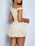 Women Slash Shoulder Top High Waist Ruffled Mini Skirt Slim Fit Two-Piece Set