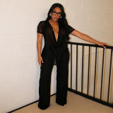 Spring Summer Women Mesh Deep V-Neck Top High Waist Bell Bottom Pants Two-Piece Set