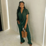 Spring Summer Women Mesh Deep V-Neck Top High Waist Bell Bottom Pants Two-Piece Set