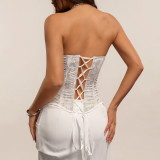 Women Silver Gray Boning Strapless Flower Lace-Up Waist Cincher Elegant Sexy Crop Top