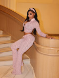 Women Trendy Casual Printed Zip Long Sleeve Jacket & Drawstring Pants Set