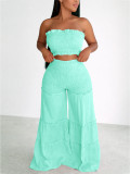 Women Strapless Ruffled Top Wide Leg Pants Casual Two-Piece Set