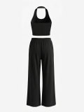 Women Halter Neck Slim Vest Drawstring Wide Leg Pants Casual Tracksuit