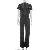 Spring Summer Women Mesh Deep V-Neck Top High Waist Bell Bottom Pants Two-Piece Set