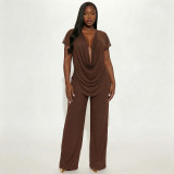 Spring Summer Women Mesh Deep V-Neck Top High Waist Bell Bottom Pants Two-Piece Set