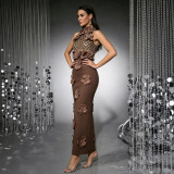 Women Bandage Halter Neck See-Through Mesh Sequin Flower Bodycon Slit Maxi Dress